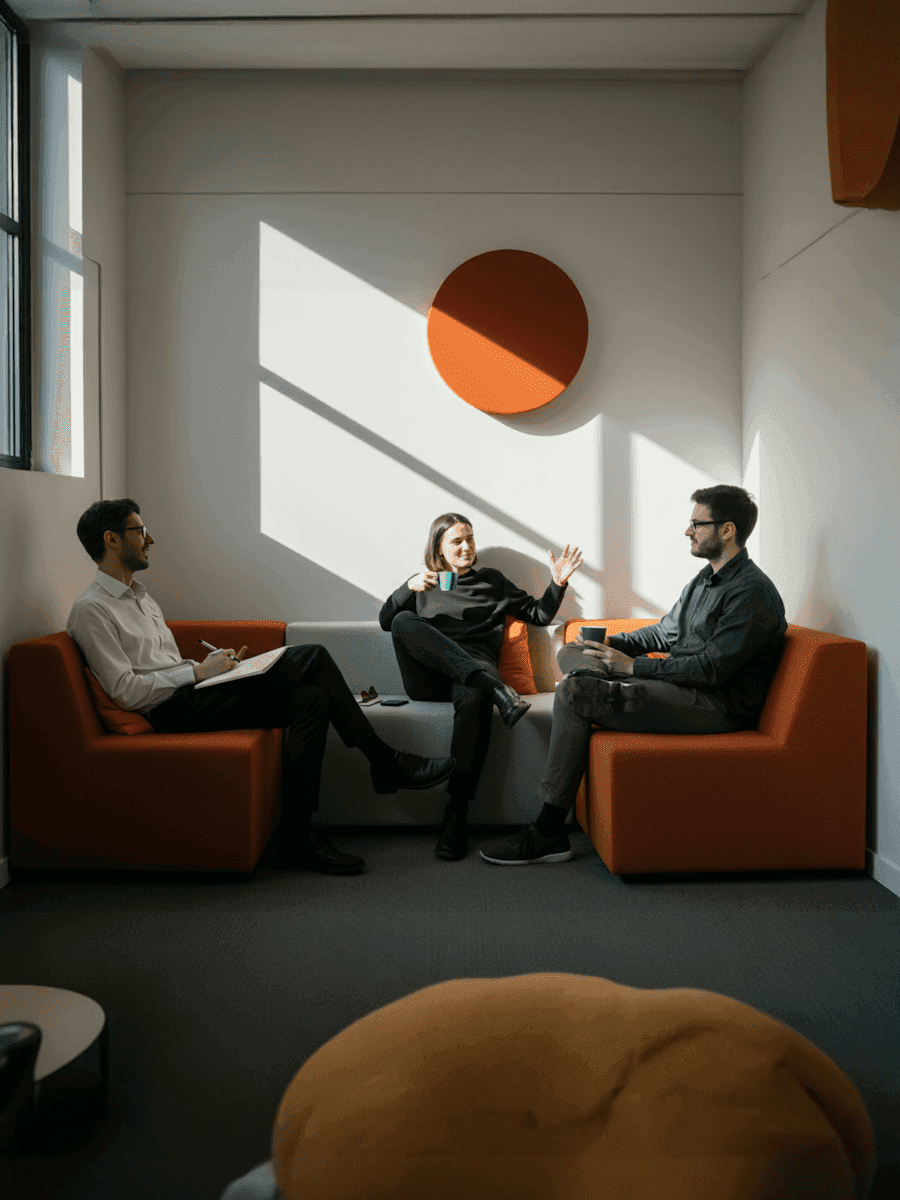 Three colleagues talking on orange sofas in a sunlit meeting room