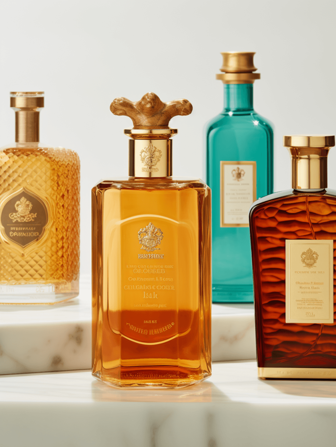 Luxury perfume bottles arranged on a marble surface