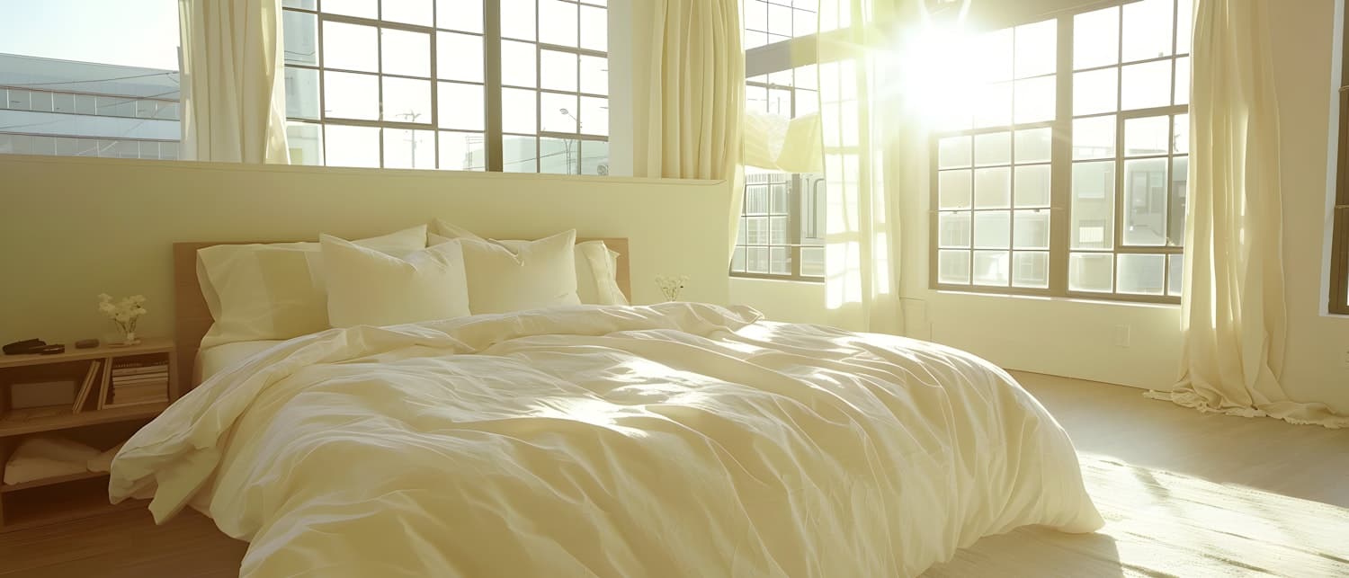 A bright bedroom with crisp white linen and large windows