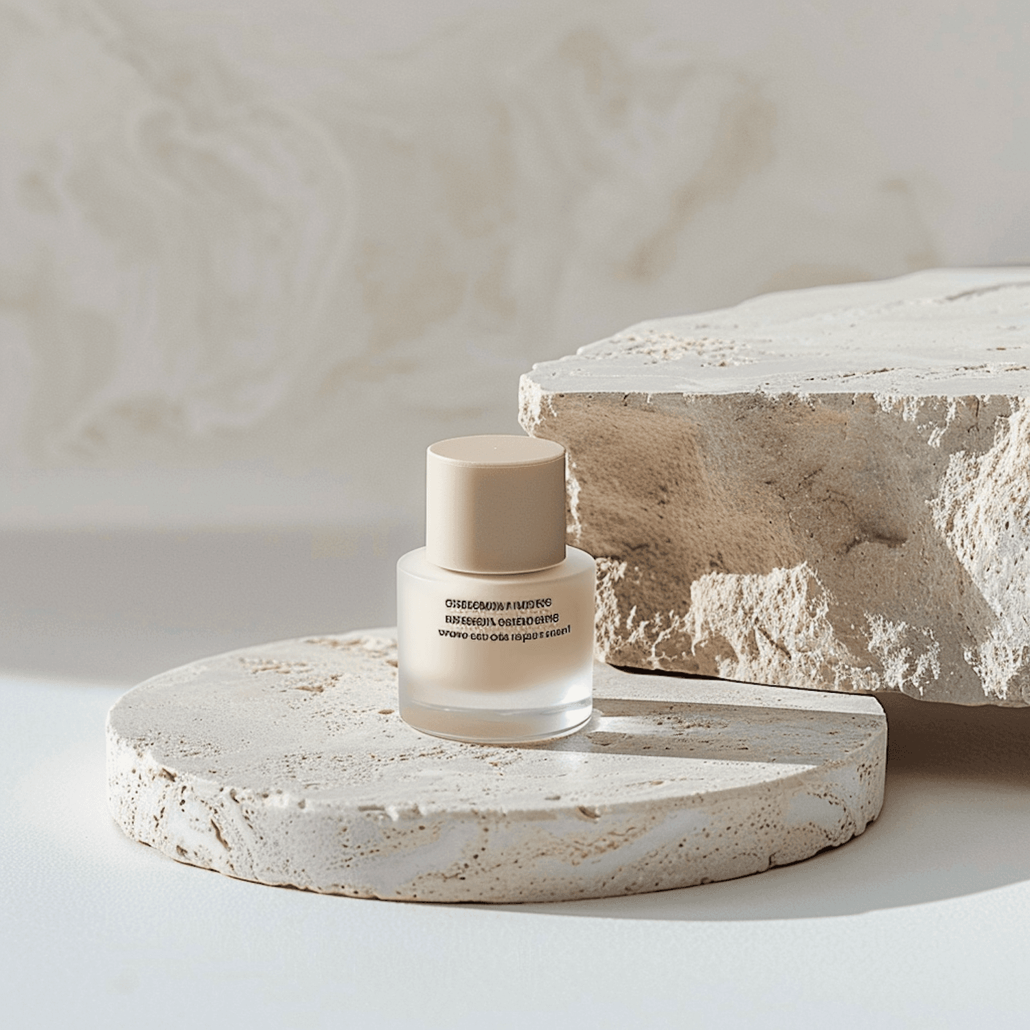 A minimal cosmetic bottle on a textured stone surface