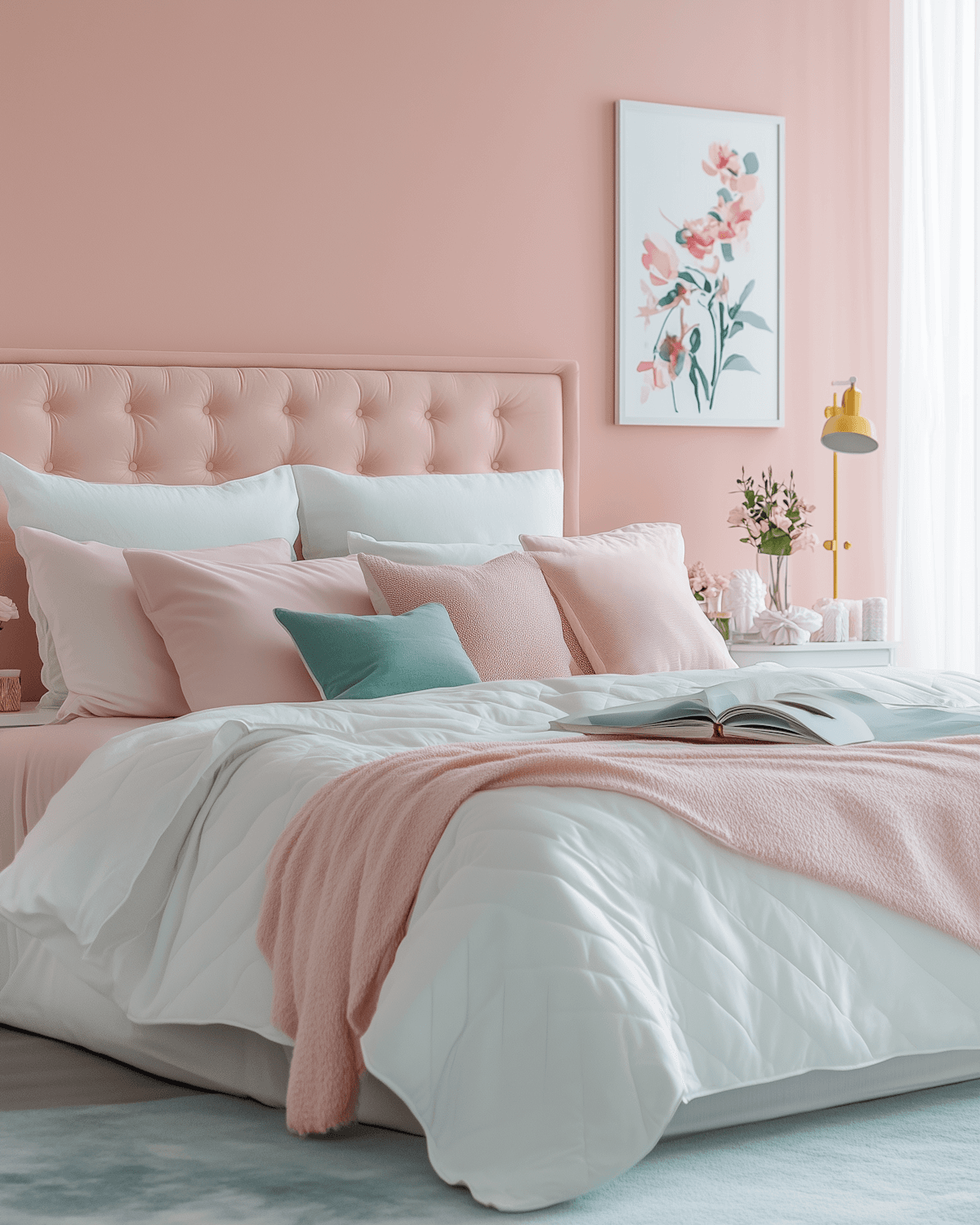 A laptop resting on soft blush coloured bedding in morning light