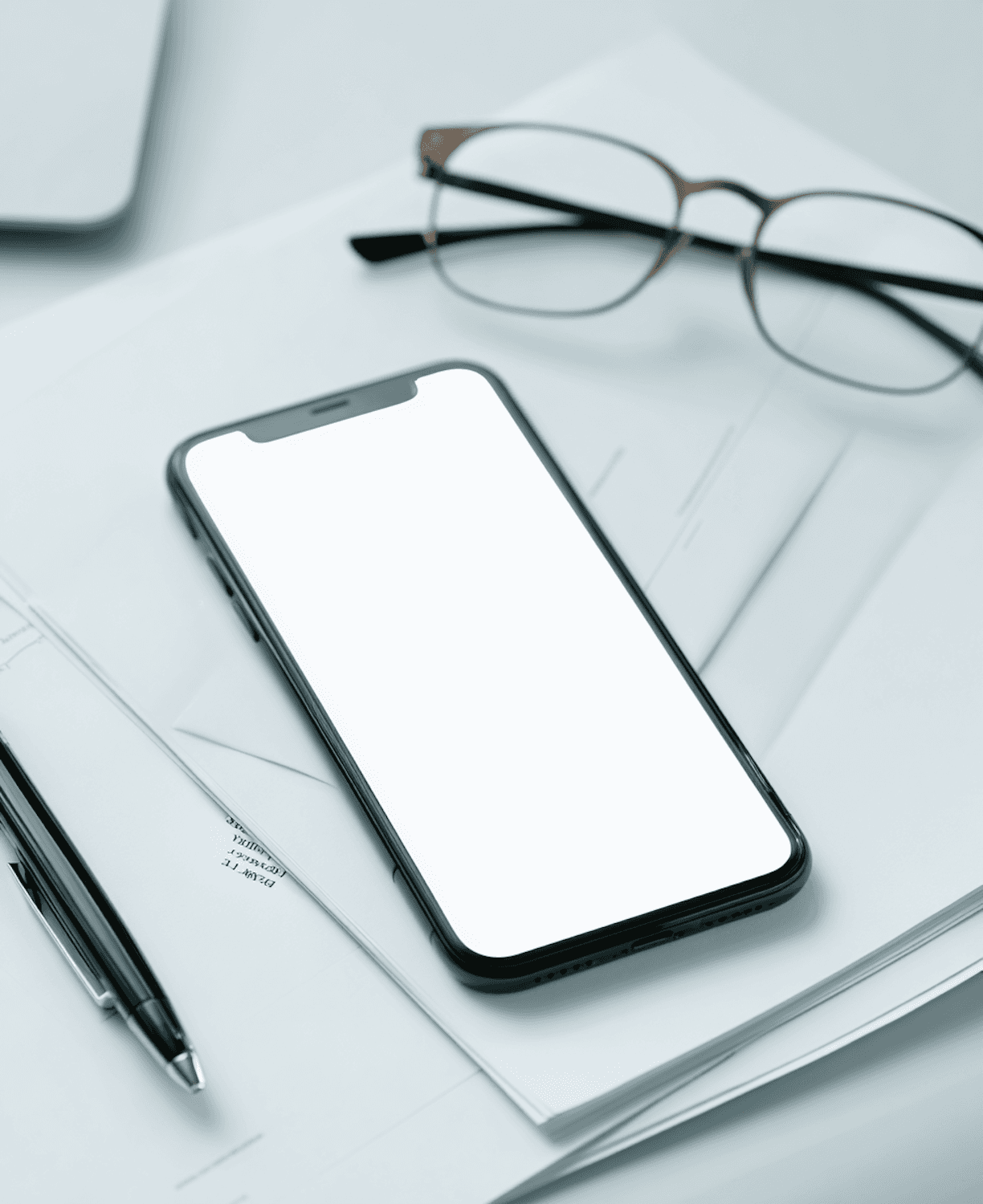 A smartphone on a pale surface cut across by hard window shadows